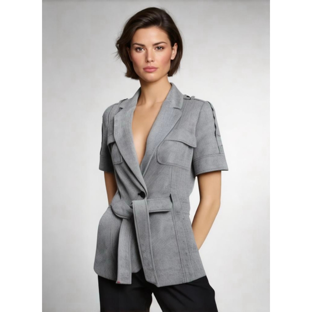 Calvin Klein Blazer Size 6 Gray Short Sleeve Belted Military‎ Preppy Linen Blend